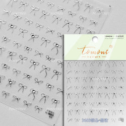 Simple Line Bowknot Red Gold Silver Laser Pink Hot Stamping 3D Self Adhesive Nail Art Stickers Pearl Rhinestone Manicure Decals (ONLINE ORDER ONLY)
