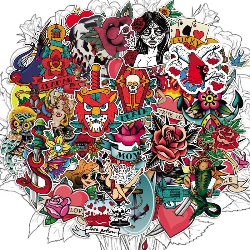 50/100Pcs Retro Old School Tattoo Style Sticker Refrigerator Skateboard Trolley Case Decals Backpack Tables Waterproof Sticker (Online Order Only)