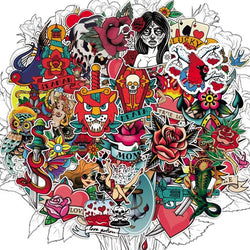 50/100Pcs Retro Old School Tattoo Style Sticker Refrigerator Skateboard Trolley Case Decals Backpack Tables Waterproof Sticker (Online Order Only)