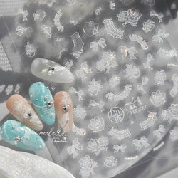 Cute 3D White Rose Flower Lace Bud Silk Bowknot Butterfly Dreamy Shiny Relief Chic Self Adhesive Nail Art Sticker Manicure Decal (ONLINE ORDER ONLY)