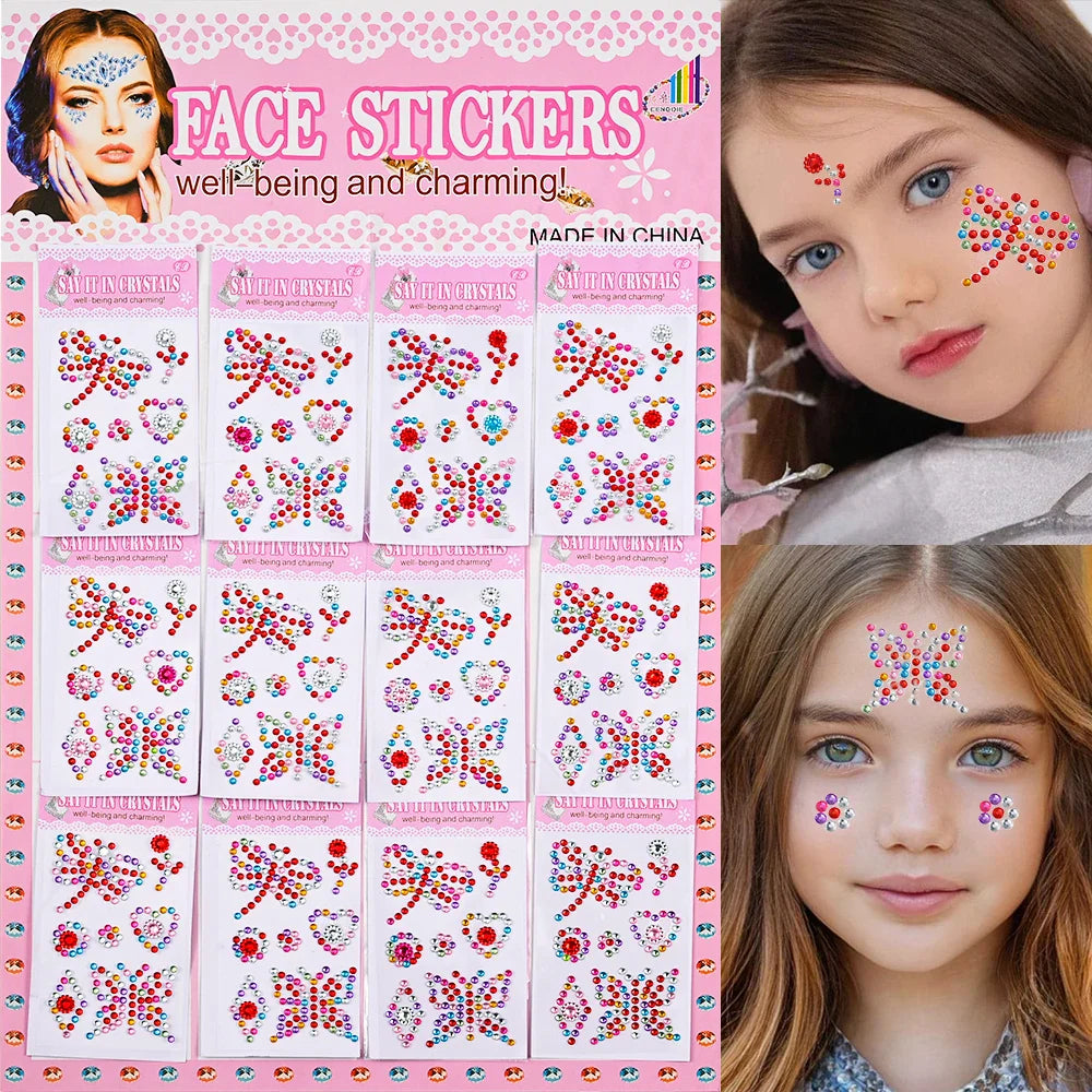 12Pcs 3D Stickers On The Face Rhinestone Makeup Bright Face Art Sticker Girl's Temporary Tattoo Rhinestone For Strasse Makeup &* (Online Order Only)