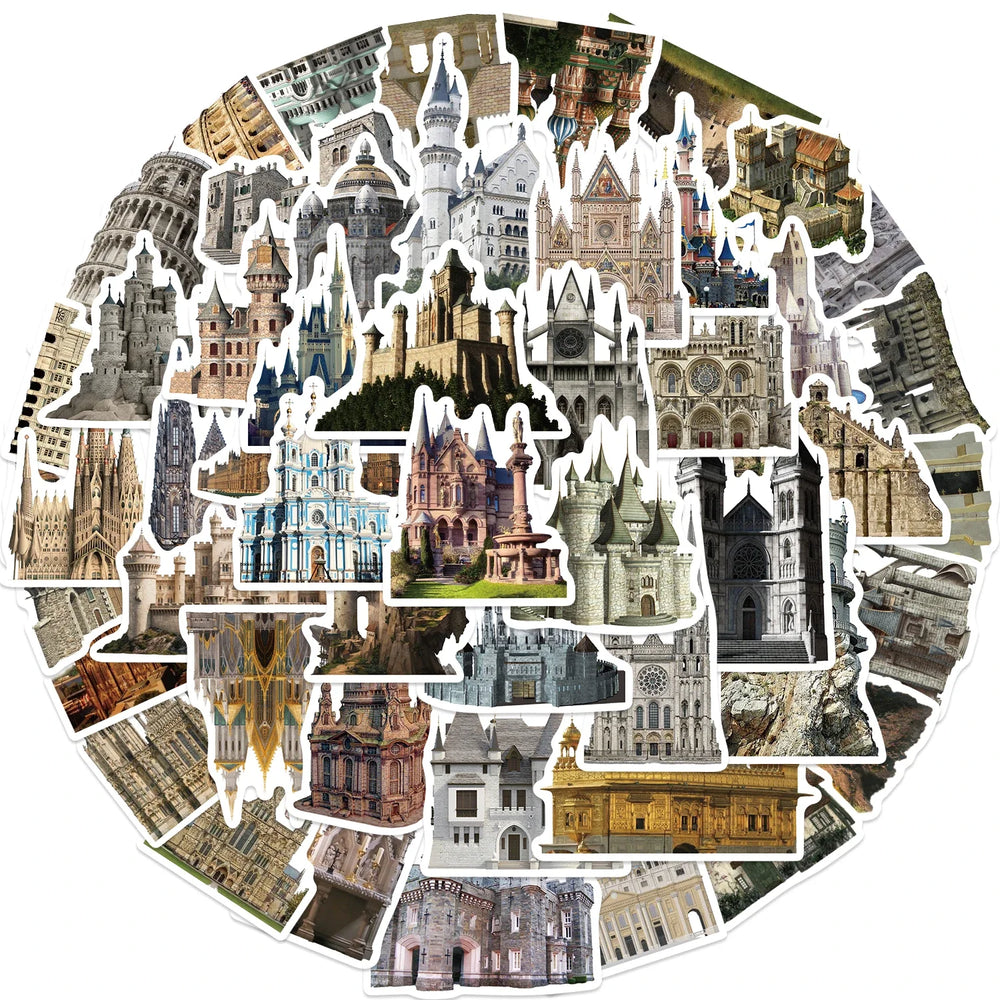 50Pcs Vintage Medieval Castle Stickers Phone Case Skateboard Motorcycle Sticker Retro European Style Architecture Decals (Online Order Only)