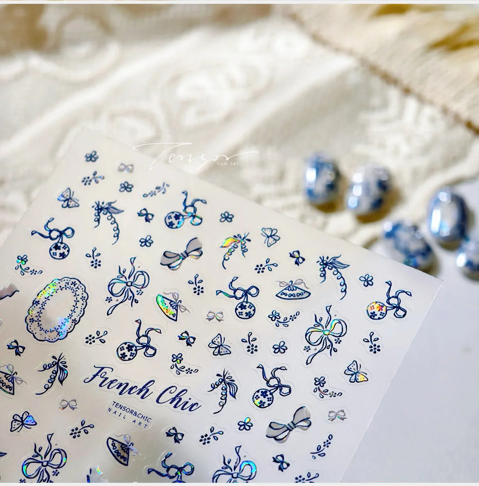 French Chic Blue Line Bowknot Fan Flower Leaves Butterfly Lace Frame Bell Shiny Self Adhesive Nail Art Stickers Manicure Decals (ONLINE ORDER ONLY)