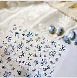 French Chic Blue Line Bowknot Fan Flower Leaves Butterfly Lace Frame Bell Shiny Self Adhesive Nail Art Stickers Manicure Decals (ONLINE ORDER ONLY)