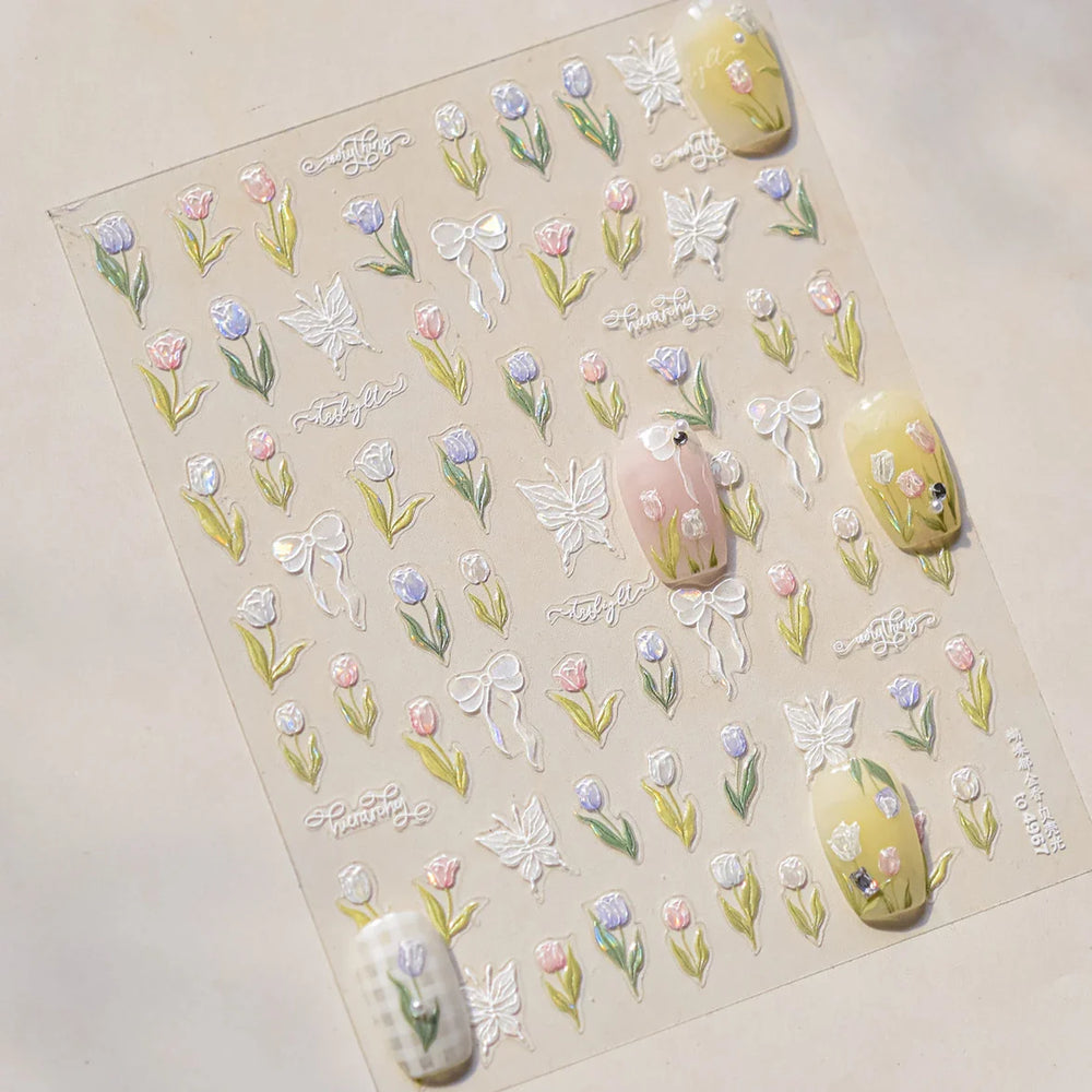 Dreamy White Lace Bowknot Purple Pink Gradual Tulip Flower Butterfly Garden Relief Adhesive Nail Art Stickers Manicure Decals (Online Order Only)