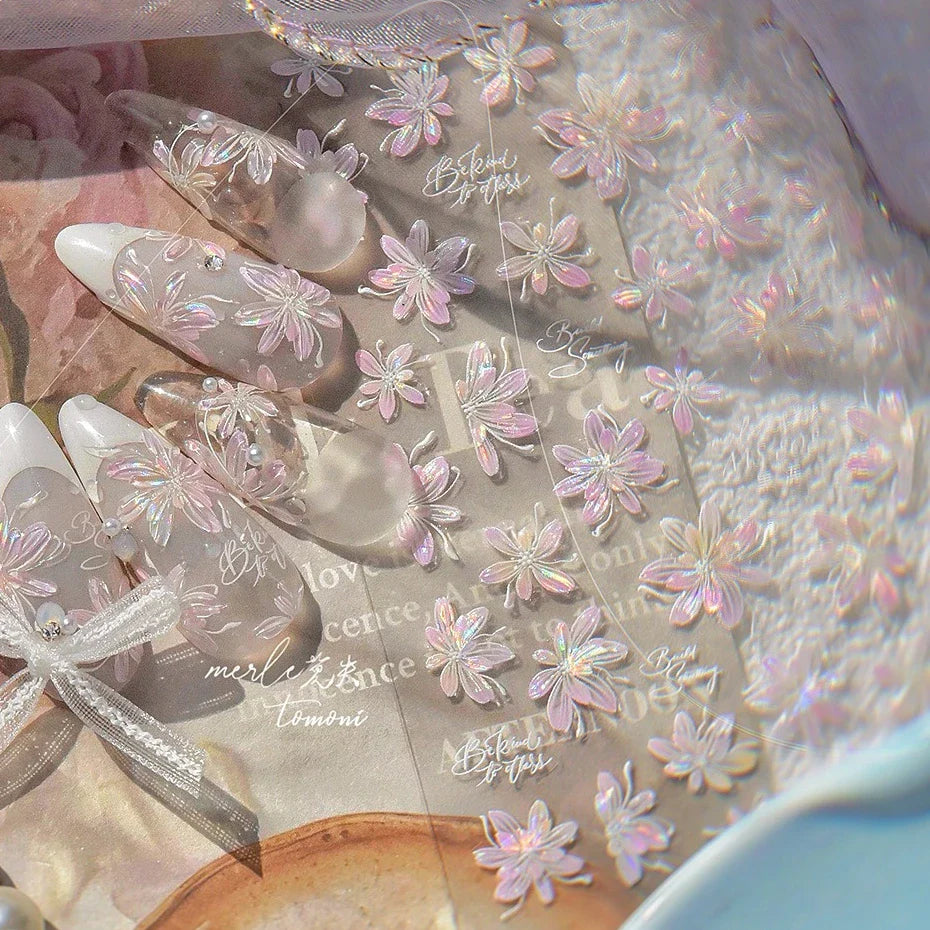 White Pink Flower Dreamy Romantic Petal Jelly Shiny Peach Blossom Polarized Light Delicate Nail Art Stickers 5D Manicure Decals (ONLINE ORDER ONLY)