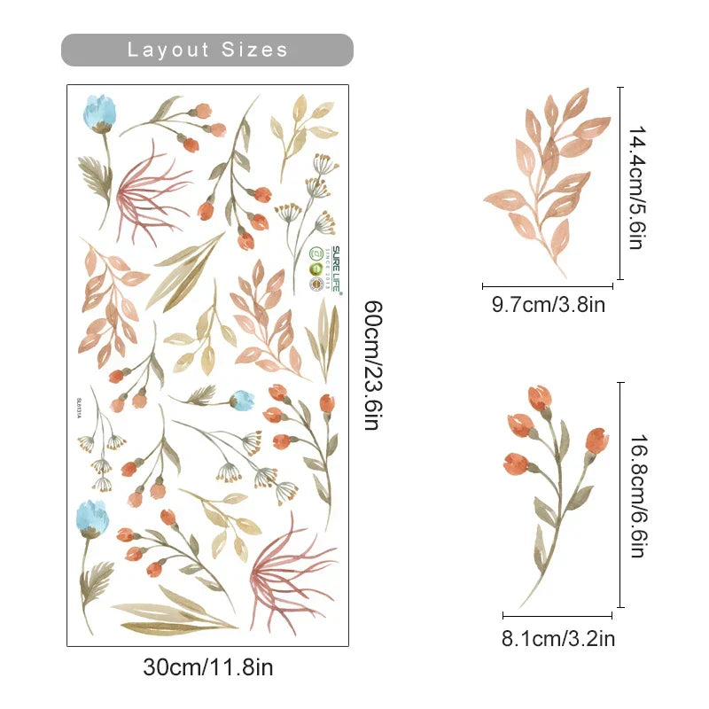 Watercolor Boho Flowers Leaves Wall Stickers Nursery Room Decor Removable Vinyl Decal (Online Order Only)