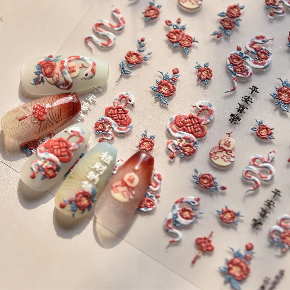 Snake Rose  Flower Chinese Knot Calabash Gourd Peony Good Fortune Self Adhesive Nail Art Stickers Manicure Decals Nail Supplies (ONLINE ORDER ONLY)