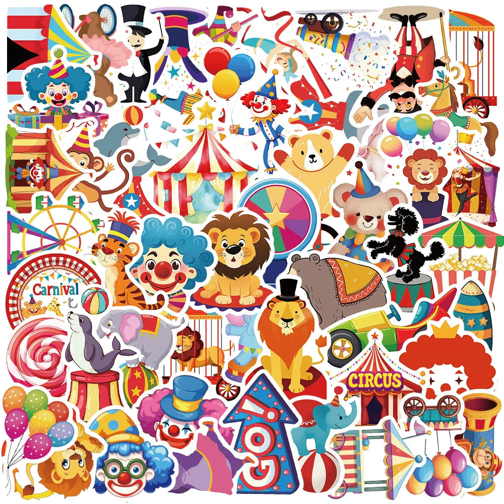 50pcs Happy Carnival Circus Stickers DIY Laptop Luggage Phone Fridge Notebook Car Sticker Cartoon Kawaii Animal Decals Toy (ONLINE ORDER ONLY)