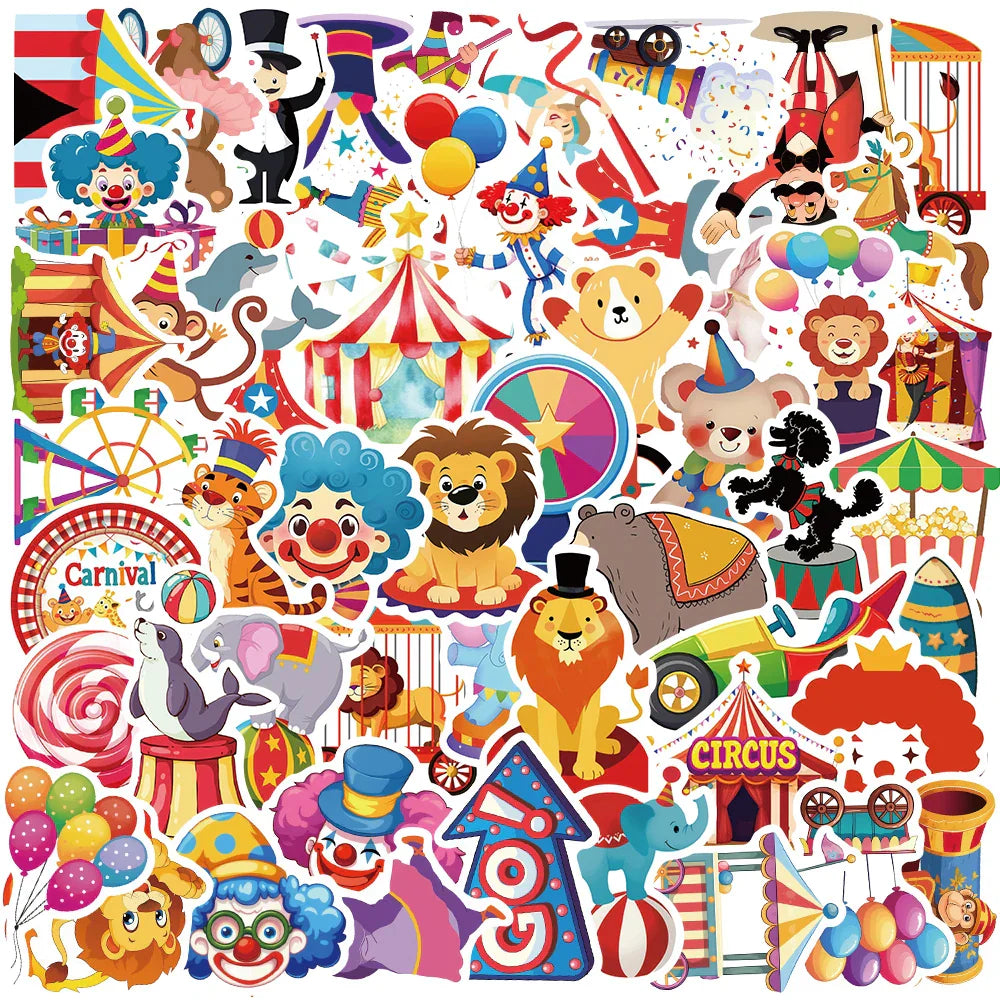 50pcs Happy Carnival Circus Stickers DIY Laptop Luggage Phone Fridge Notebook Car Sticker Cartoon Kawaii Animal Decals Toy (ONLINE ORDER ONLY)