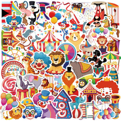50pcs Happy Carnival Circus Stickers DIY Laptop Luggage Phone Fridge Notebook Car Sticker Cartoon Kawaii Animal Decals Toy (ONLINE ORDER ONLY)