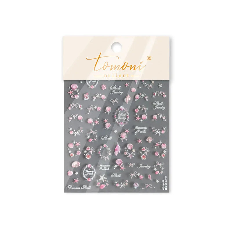 Pink Star Oceanic Shell Starfish Conch Bowknot Embossment Shiny Delicate 5D Chic Self Adhesive Nail Art Stickers Manicure Decals (Online Order Only)