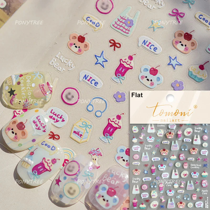 Bear Bowknot Bag Dessert Apple Core Earphone Cup Tulip Cherry Milk Cake Cookies Flower Adhesive Nail Art Stickers Manicure Decal (ONLINE ORDER ONLY)