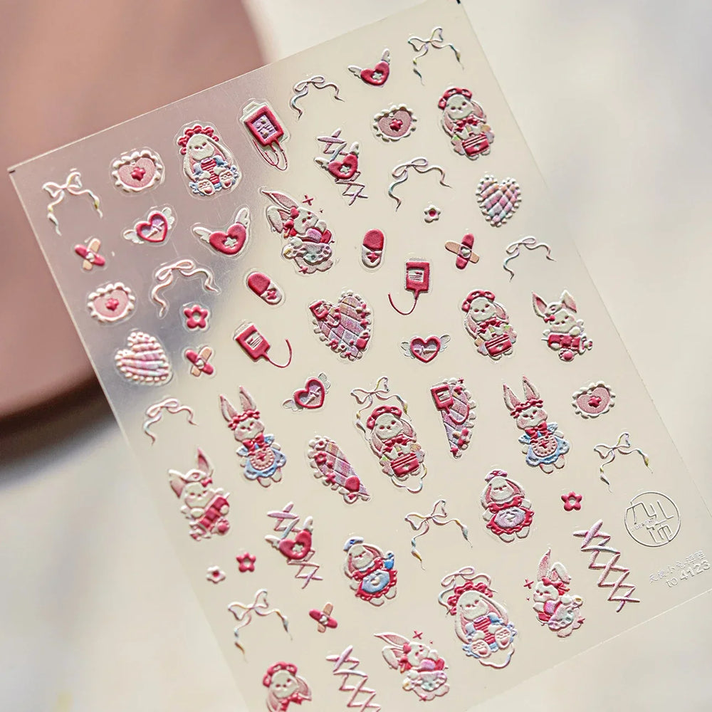 Bunny Love Heart Rabbit Nurse Cut Wound Bowknot Pill Flower Medicine Treatment Self Adhesive Nail Art Stickers Manicure Decals (ONLINE ORDER ONLY)