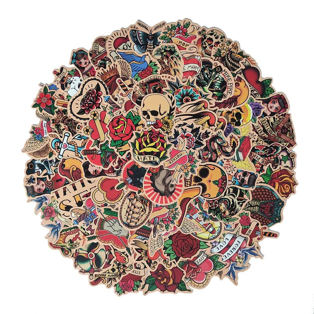 50/100Pcs Retro Old School Tattoo Style Sticker Refrigerator Skateboard Trolley Case Decals Backpack Tables Waterproof Sticker (Online Order Only)