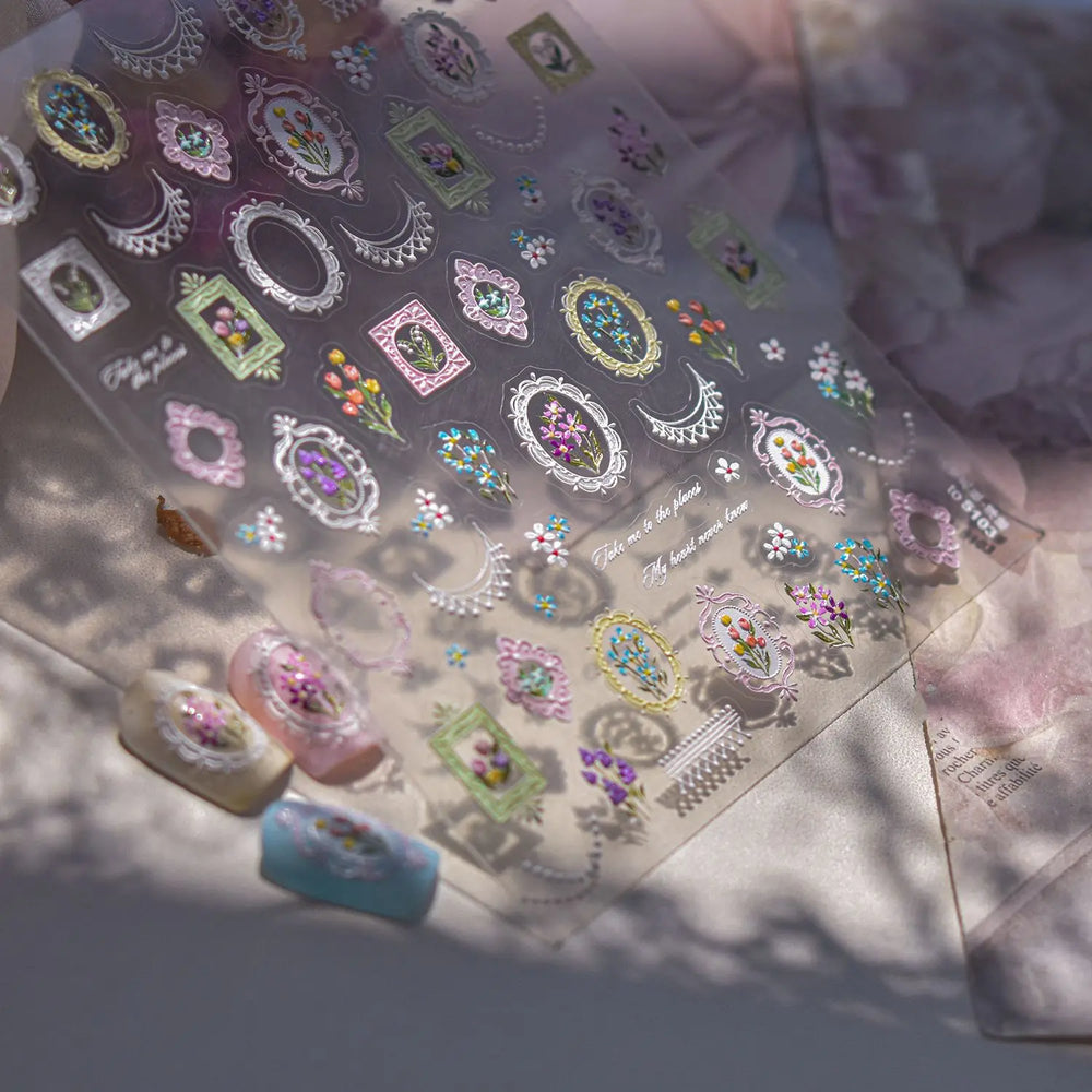 Retro European Flower Frame Gypsophila Bouquet Garden Charming Tulip Lavender Daisy Delicate Nail Art Stickers Manicure Decals (ONLINE ORDER ONLY)