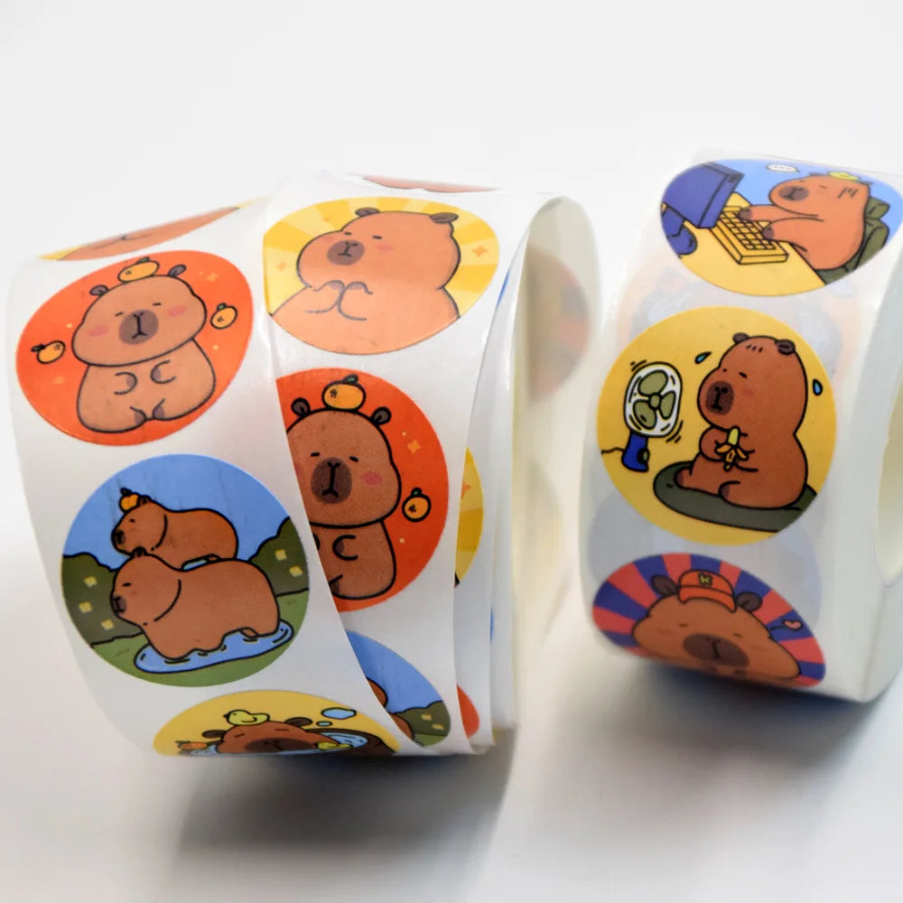 500Pcs Funny Cartoon Cute Capybara Varied Stickers Roll for Kids Phone Helmet Laptop Computer Decor Sealing Label Graffiti Decal (Online Order Only)
