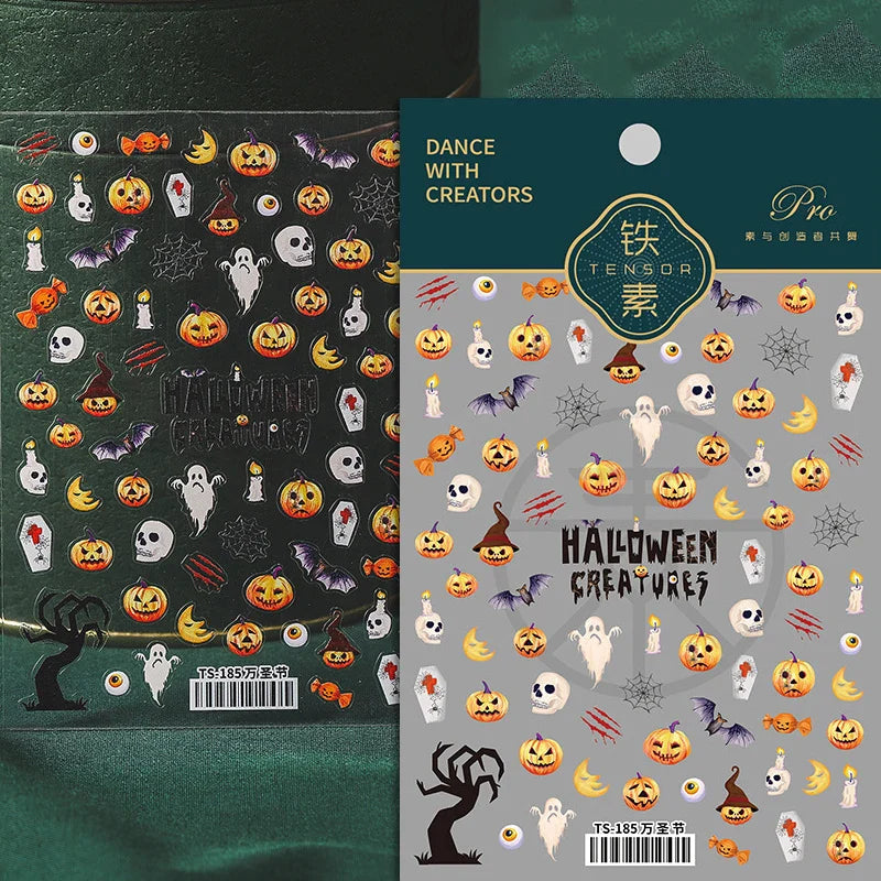 Halloween Ghost Pumpkin Bat Coffin Cat Spider Demon Jelly Self Adhesive Nail Art Sticker Terrifying Candy Candle Manicure Decals (ONLINE ORDER ONLY)