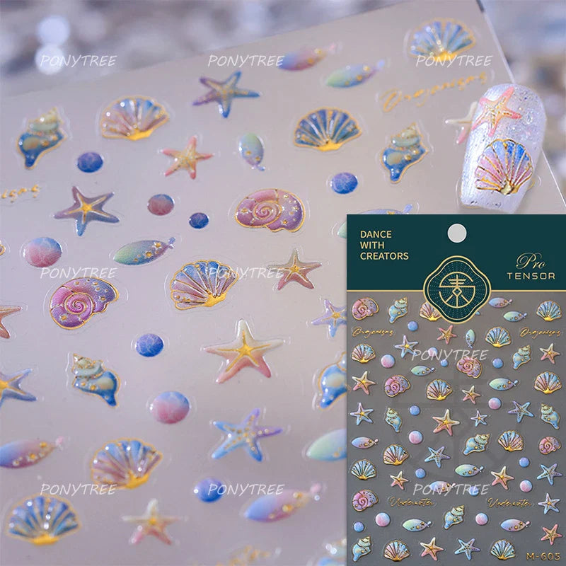 Romantic Pink Blue Shell Sea Grass Star Moon Summer Self Adhesive Nail Art Stickers Leaves Reliefs Manicure Decals Wholesale (ONLINE ORDER ONLY)