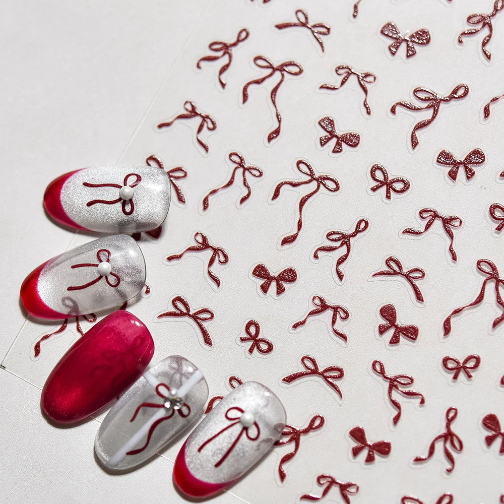 Chic Red Bowknot Silk Ribbon Pearl Elegant Line Self Adhesive Nail Art Stickers Dressy Rhinestone Manicure Decals Nail Supplies (Online Order Only)