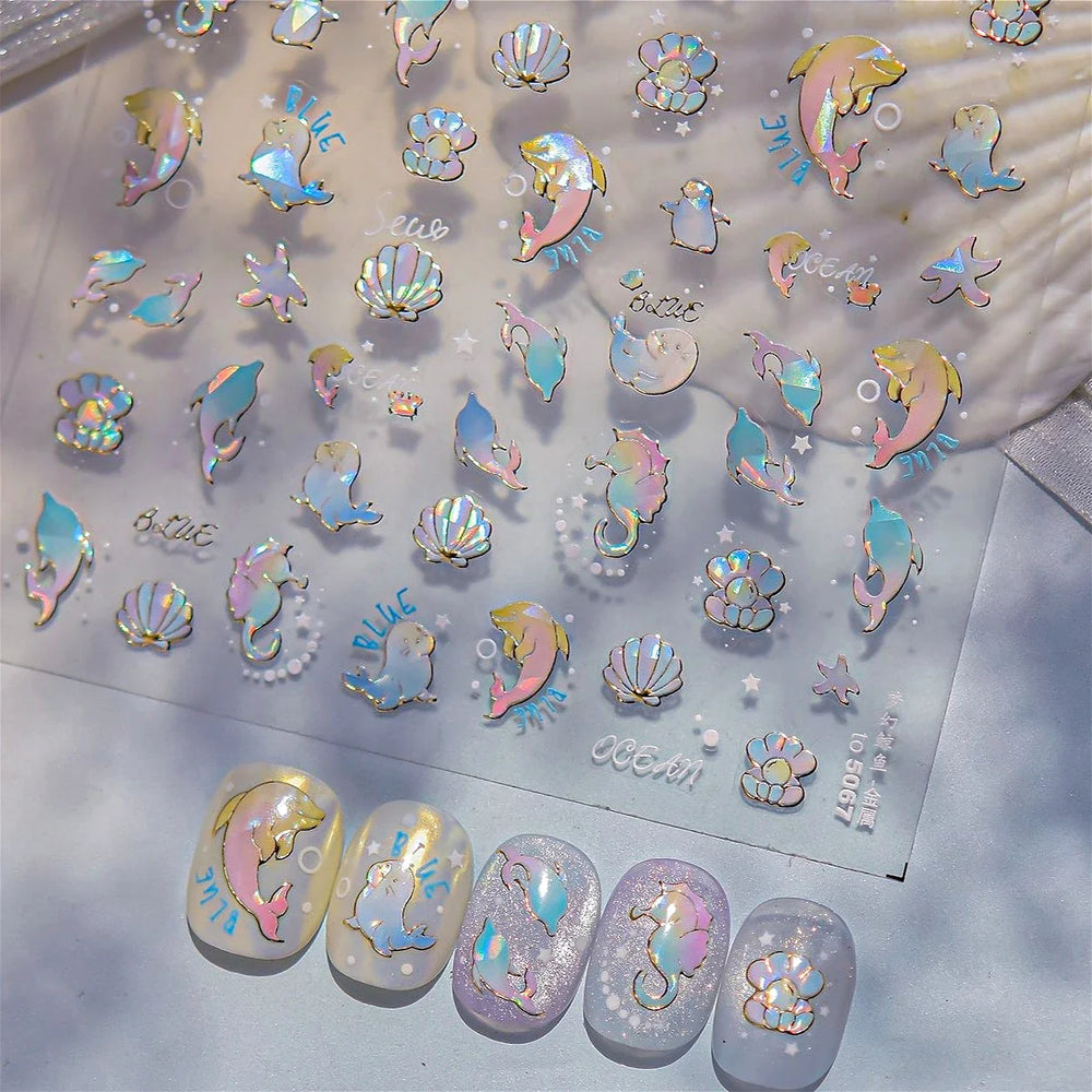 Colored Whale Seahorse Shell Crab Otter Pearl Oyster Starfish Ocean Dreamy Adhesive Nail Art Stickers Manicure Decals Wholesale (ONLINE ORDER ONLY)