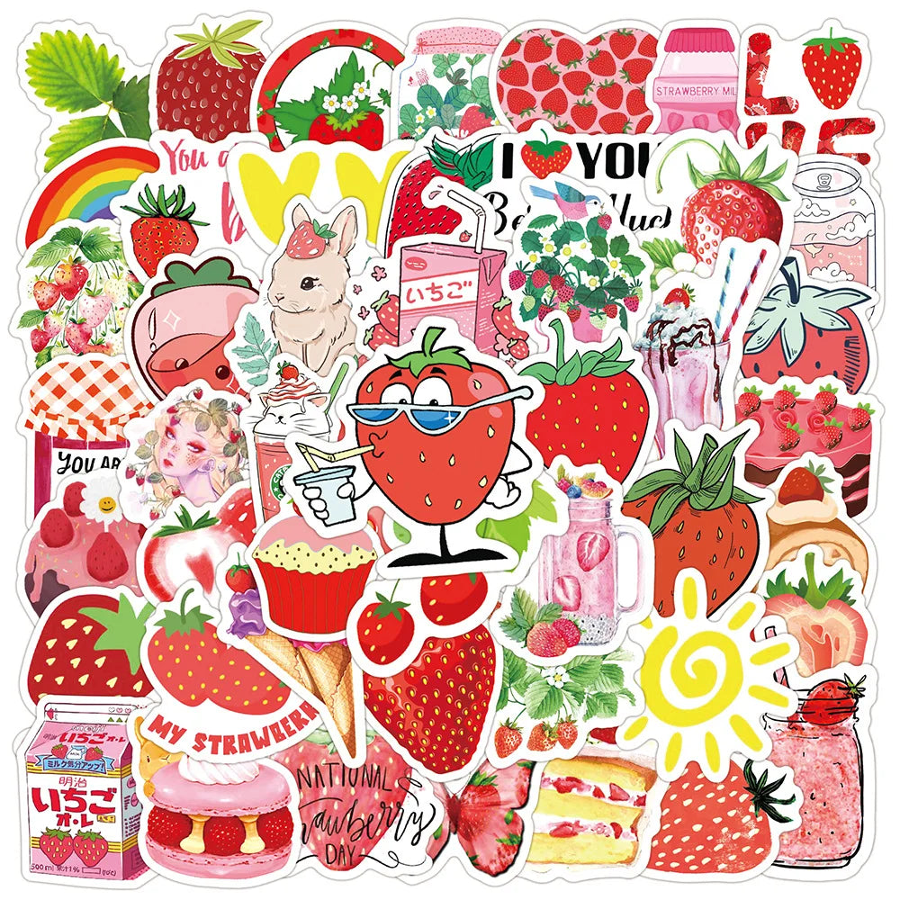 50pcs Cute Strawberry Dessert Stickers for Helmet, Wall, DIY Decoration (Online Order Only)