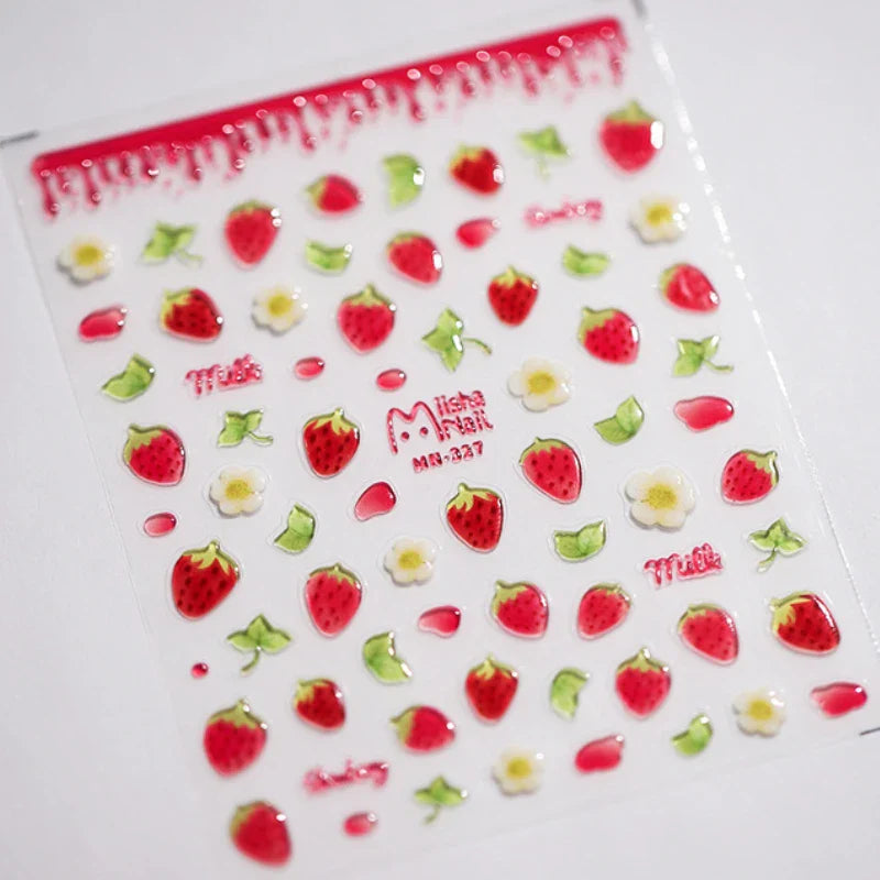 Cute Fresh Fruit Lovely Red Strawberry Grape Cherry Peach 3D Jelly Design Dopamine Self Adhesive Nail Art Sticker Manicure Decal (Online Order Only)