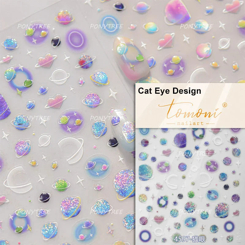 Colorful Starry Light Starburst Love Heart Halo Dyeing Soft Reliefs Self Adhesive Nail Art Decoration Stickers Manicure Decals (ONLINE ORDER ONLY)