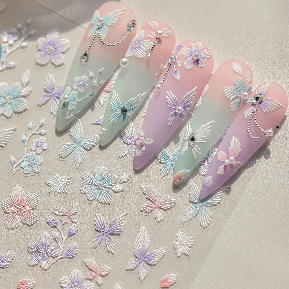 Embroidered Butterfly Flower Colourful Gradient Morning Glory Leaves Self Adhesive Nail Art Stickers Rhinestone Manicure Decals (ONLINE ORDER ONLY)