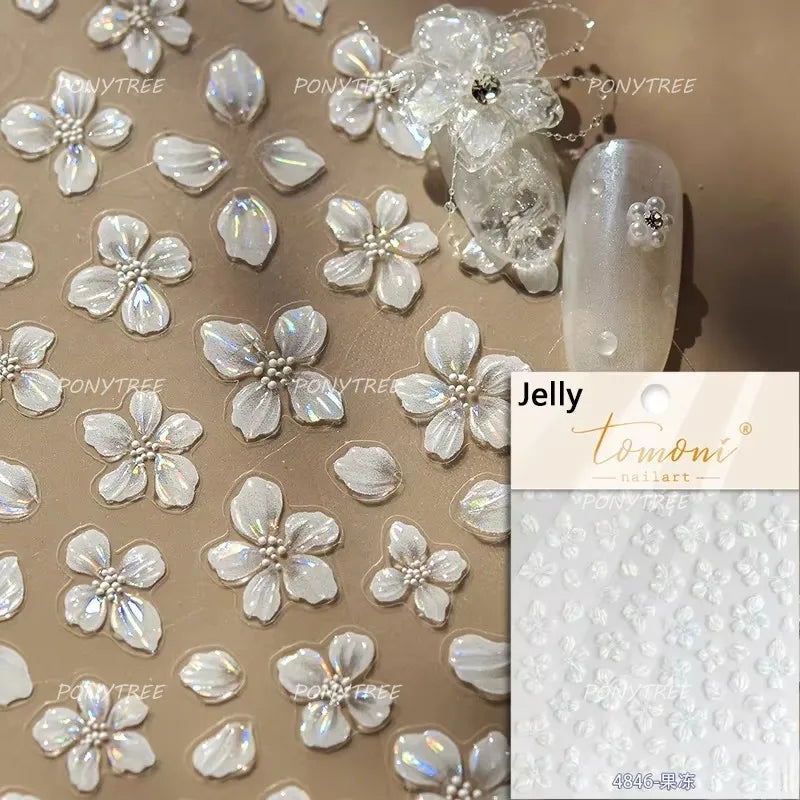 White Pink Flower Dreamy Romantic Petal Jelly Shiny Peach Blossom Polarized Light Delicate Nail Art Stickers 5D Manicure Decals (ONLINE ORDER ONLY)