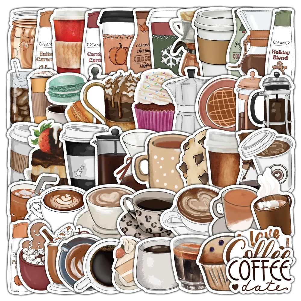 50Pcs Coffee Cartoon Stickers for Helmet, Wall, DIY Decoration (ONLINE ORDER ONLY)
