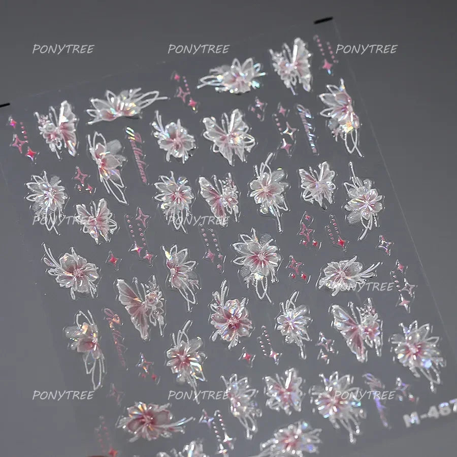 French Chic Blue Line Bowknot Fan Flower Leaves Butterfly Lace Frame Bell Shiny Self Adhesive Nail Art Stickers Manicure Decals (ONLINE ORDER ONLY)