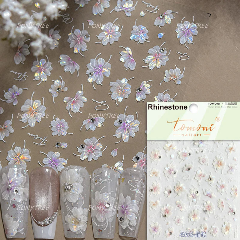 White Flower Colourful Butterfly Pearl Petal Beautiful Garden Charming Plant 5D Self Adhesive Nail Art Stickers Manicure Decals (ONLINE ORDER ONLY)
