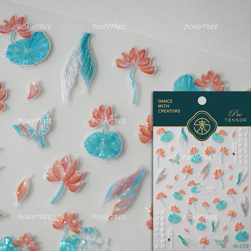 Pink Lotus Flower Red Gold Koi Carp Fish Tail Fancy Carp Self Adhesive Nail Art Decorations Stickers Manicure Decals Wholesale (ONLINE ORDER ONLY)