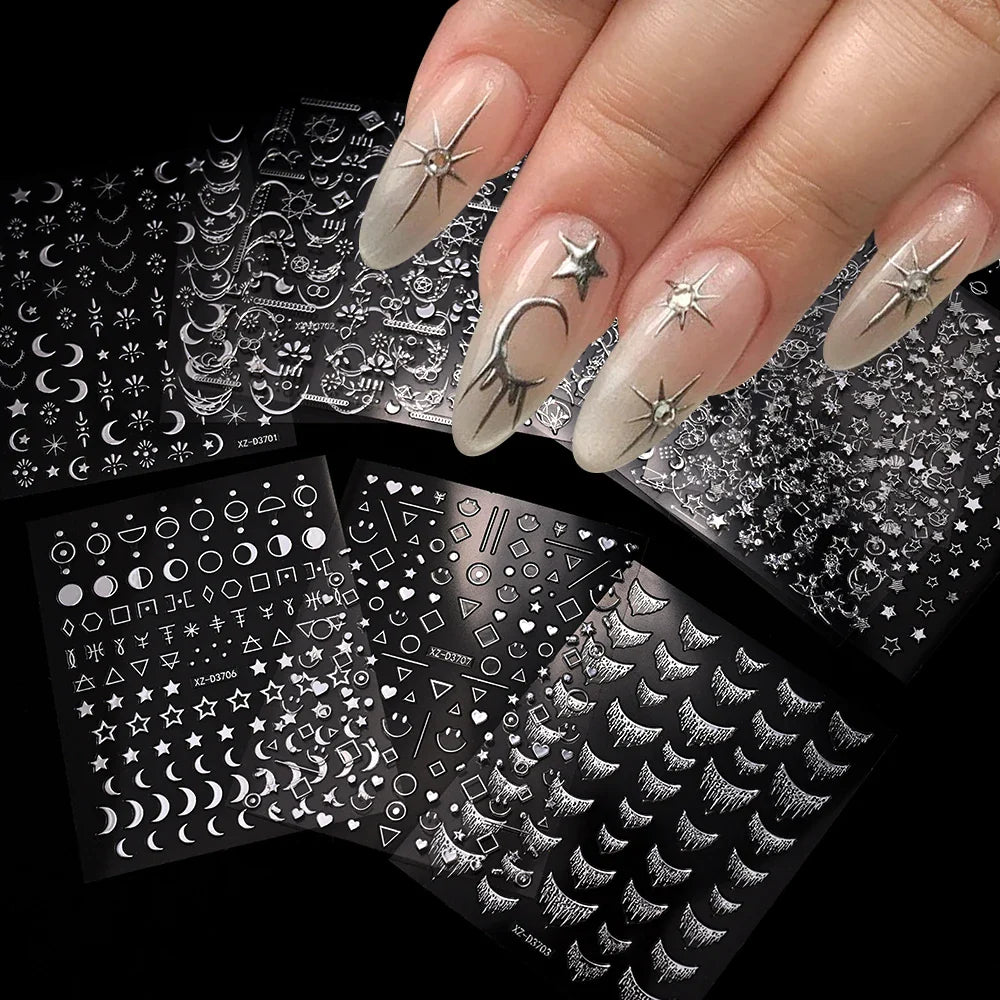 1pc 3D Gradient French Nail Stickers with Crown & Tassel Design Gold Silver Lines Self-Adhesive Nail Art Waterfall Manicure Foil (Online Order Only)
