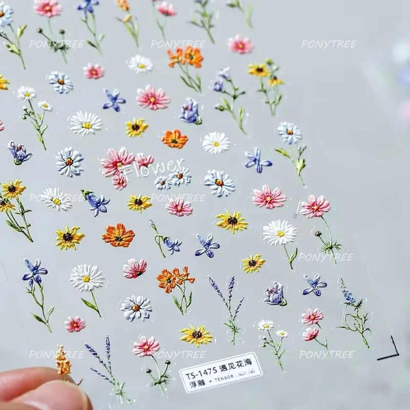 Cute Beige Yellow Pristine Fresh Daisy Flower 5D Shiny Soft Embossed Relief Charm Self Adhesive Nail Art Stickers Manicure Decal (ONLINE ORDER ONLY)