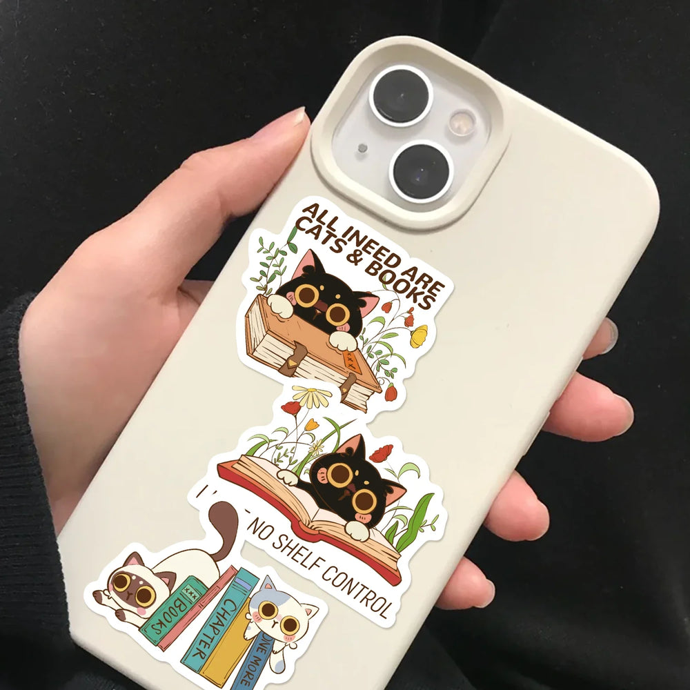 60Pcs Cat and Book with Motivational Phrase Sticker Pack DIY Scrapbook Decorative Stickers For Water Bottle Car Cup Computer (Online Order Only)