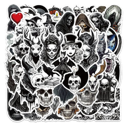 Retro Horror Skull Stickers - Black & White, Waterproof, DIY Decoration, Skateboard Notebook Graffiti Toy (10/30/50PCS) (ONLINE ORDER ONLY)
