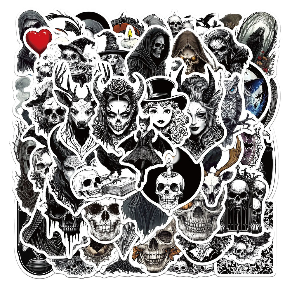Retro Horror Skull Stickers - Black & White, Waterproof, DIY Decoration, Skateboard Notebook Graffiti Toy (10/30/50PCS) (ONLINE ORDER ONLY)