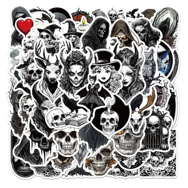 Retro Horror Skull Stickers - Black & White, Waterproof, DIY Decoration, Skateboard Notebook Graffiti Toy (10/30/50PCS) (ONLINE ORDER ONLY)