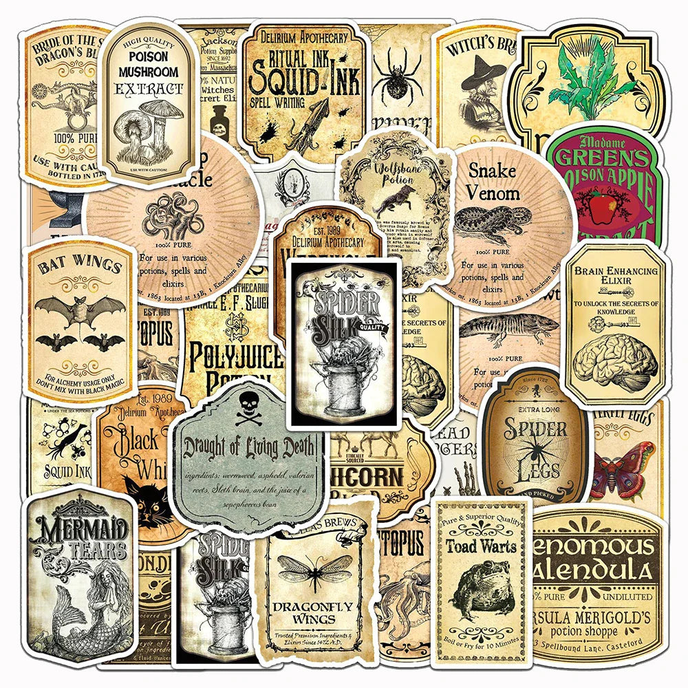 10/30/50pcs Cool Halloween Retro Horror Potion Label Stickers Decal Guitar Motorcycle Laptop Skateboard Phone Waterproof Sticker (ONLINE ORDER ONLY)