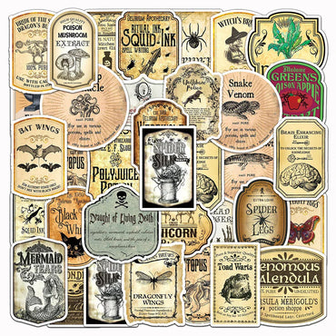 10/30/50pcs Cool Halloween Retro Horror Potion Label Stickers Decal Guitar Motorcycle Laptop Skateboard Phone Waterproof Sticker (ONLINE ORDER ONLY)