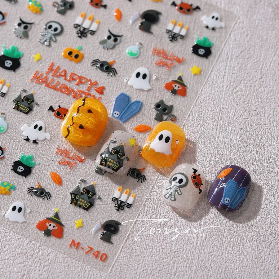 Halloween Ghost Pumpkin Bat Coffin Cat Spider Demon Jelly Self Adhesive Nail Art Sticker Terrifying Candy Candle Manicure Decals (ONLINE ORDER ONLY)