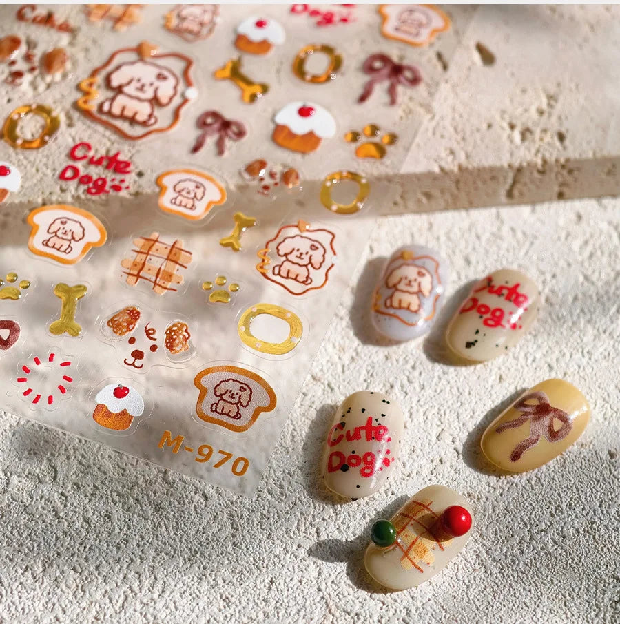 Lovely Dog Bone Bowknot Bread Graffiti Cake Cherry 3D Line Paw Adhesive Nail Art Stickers Cute Cartoon Manicure Decals Wholesale (ONLINE ORDER ONLY)