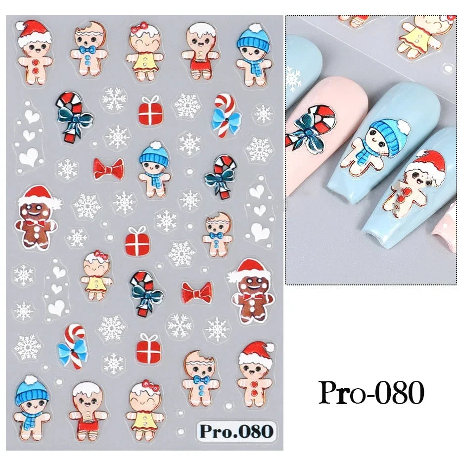 Cute Deer Christmas Nail Stickers 5D Embossed Elk Star Gingerbread Man Snowflake Santa Claus Holly DIY Winter Engraved Manicure* (ONLINE ORDER ONLY)