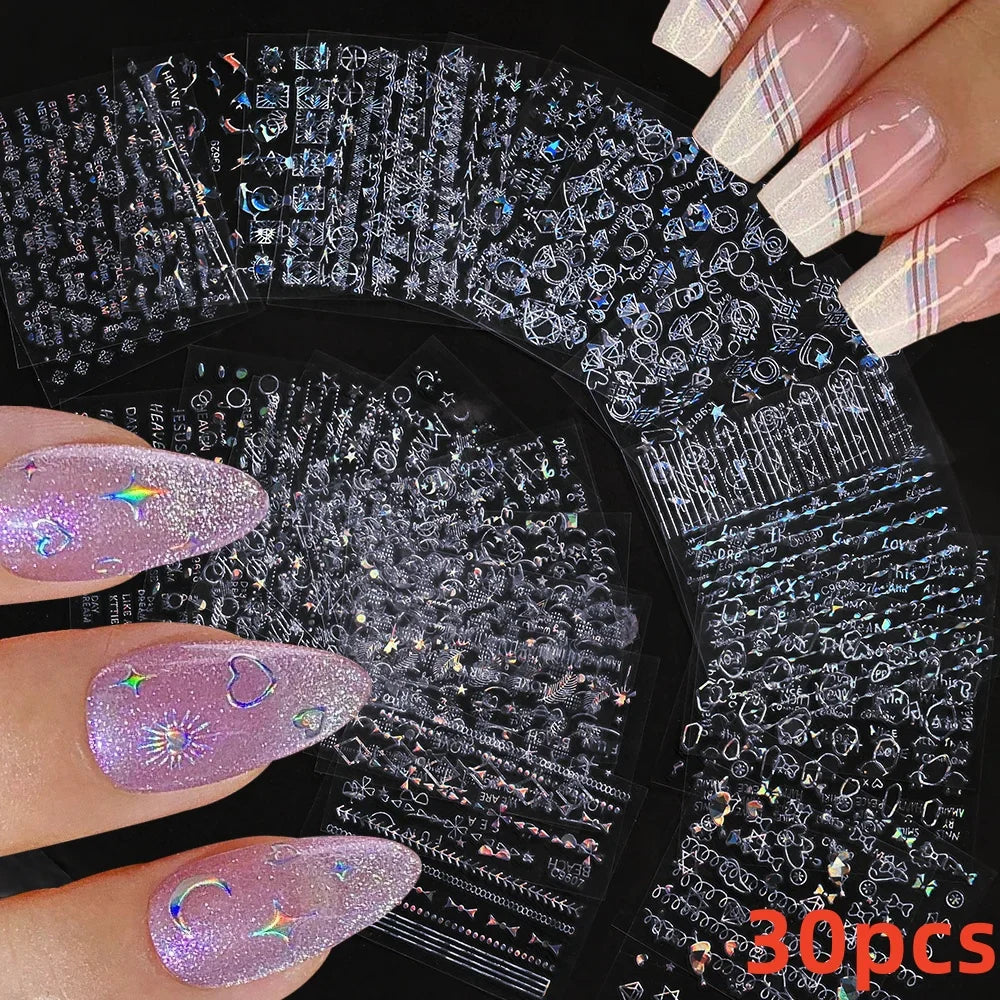 30Pcs/Set Red Golden 3D Nail Art Sticker Hot Stamping Hollow Decals Mixed Designs Adhesive Flower Nail Tips Letter Butterfly Set (Online Order Only)