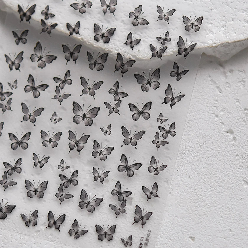 Charming Beautiful Black White Small Butterfly Flower Petal Love Heart Bowknot 5D Self Adhesive Nail Art Sticker Manicure Decals (Online Order Only)