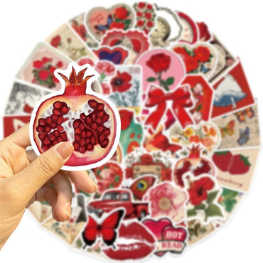 10/30/50PCS Vintage Red Sticky PVC Sticker Aesthetic Children's Stationery DIY Decoration Scrapbooking School Supplies (ONLINE ORDER ONLY)