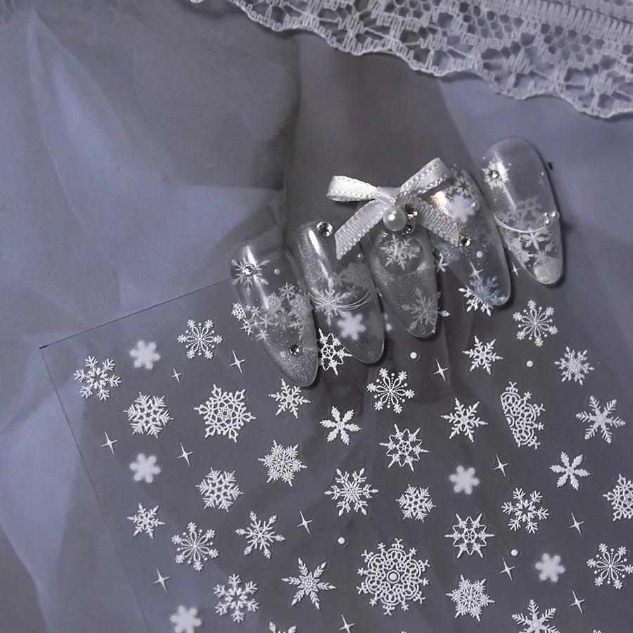 Winter Dreamy Hot Stamping Romantic White Pink Snowflakes Hexagon 3D Self Adhesive Nail Art Stickers Christmas Manicure Decals (ONLINE ORDER ONLY)