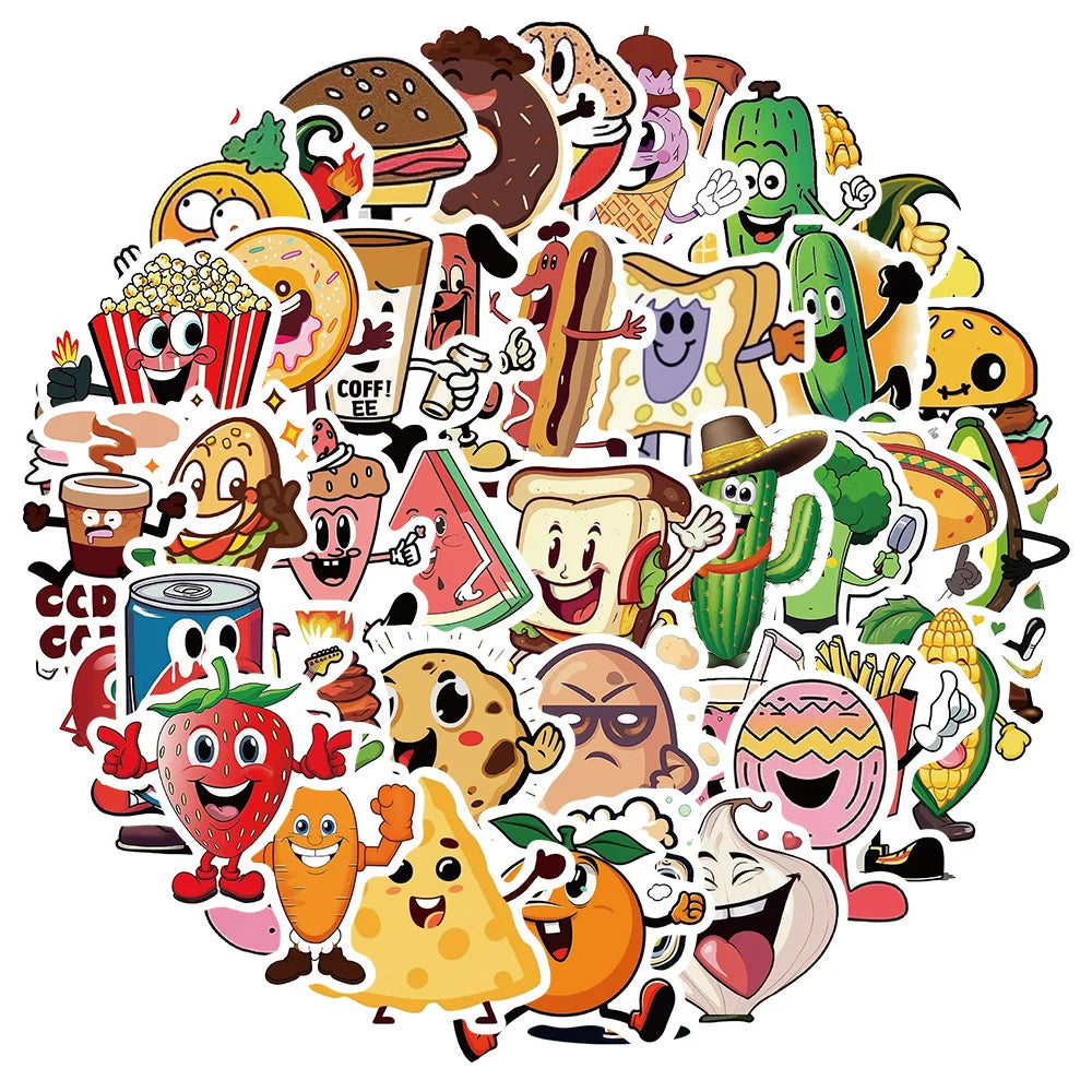 Cartoon Food & Fruit Stickers for Suitcase, Skateboard, Laptop, Luggage, Phone, Car - 10/30/50Pcs Decal Set (ONLINE ORDER ONLY)